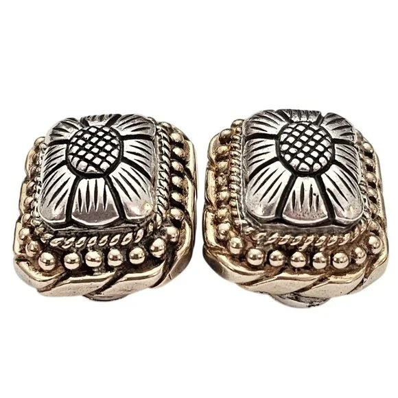 Sterling Silver Stephen Dweck Square Clip On Chunky Braid Flower Earrings C814